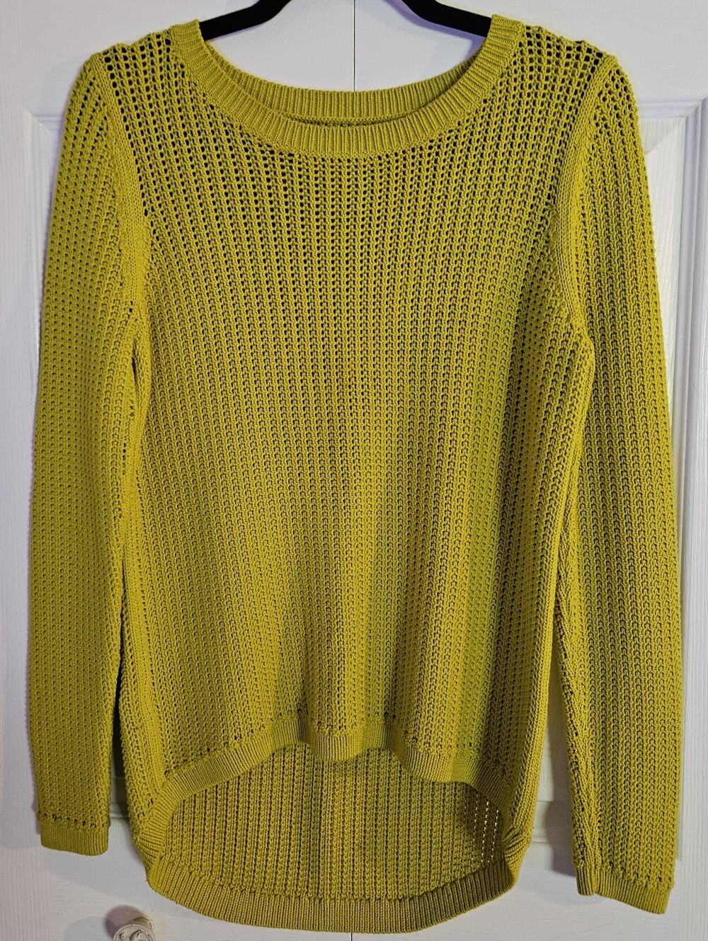 LOFT Chartreuse Open Knit Crewneck Sweater High-Low Curved Hem